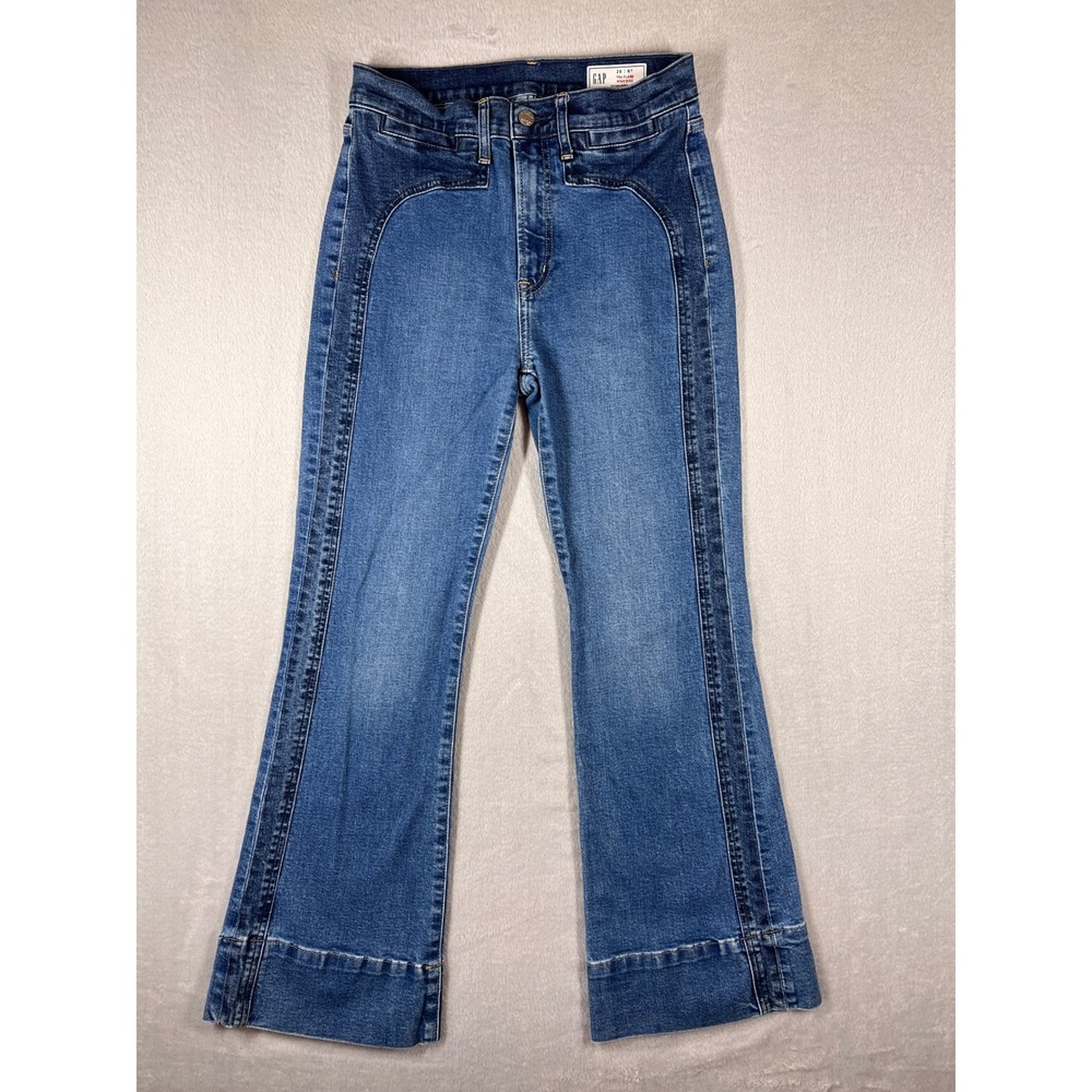 Gap 1969 70s Flare High Rise Jeans Blue Paneled Denim Womens 28 6P Petite